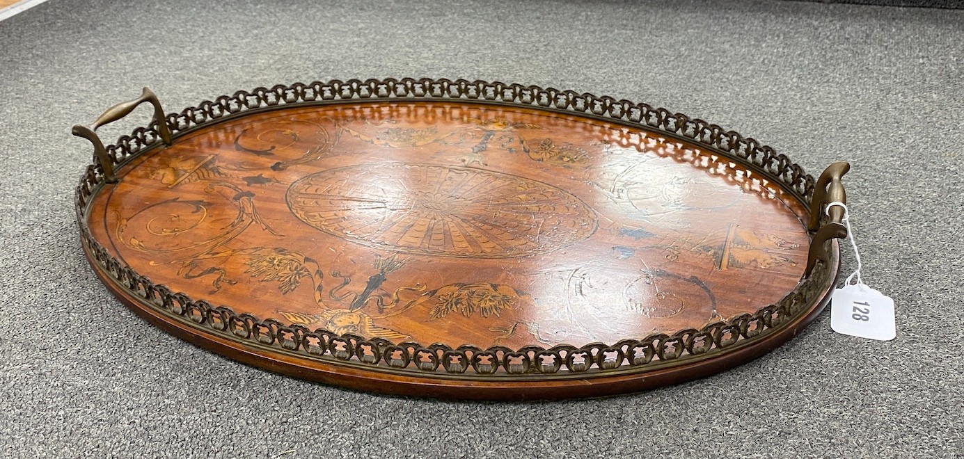An Edwardian oval marquetry inlaid mahogany galleried tea tray, width 58cm, depth 40cm